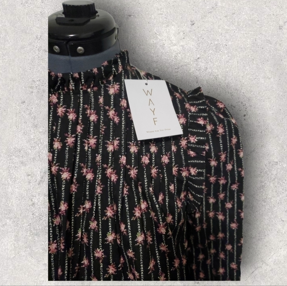 WAYF Women Top High Neck Ruffle Collar Long Sleeve Floral Print Black Size Small - Picture 6 of 7